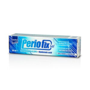 Κουτί Intermed Periofix 0,20% Gel, 30 ml, που περιέχει χλωρεξιδίνη 0,20% και υαλουρονικό οξύ, σε λευκό φόντο.