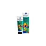 Η Intermed Unident Kids Toothpaste Prebio 50 ml διατίθεται σε πολύχρωμη συσκευασία με πράσινο φόντο και παιχνιδιάρικα γραφικά μιας κίτρινης πάπιας και μπαλόνια.