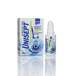 Ένα κουτί και ένα μπουκάλι Intermed Unisept Interdental Cleanser, 30 ml, σε λευκό φόντο, μαζί με το παρεχόμενο μεσοδόντιο καθαριστικό.