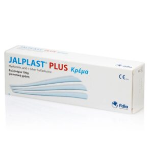 Ένα λευκό κουτί 100 g Jalplast Cream Plus, που περιέχει υαλουρονικό οξύ και ασημί σουλφαδιαζίνη, με κείμενο στα ελληνικά και στα αγγλικά.