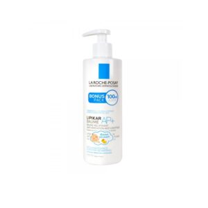 Ένα μπουκάλι 400 ml La Roche Posay Lipikar Baume AP + M, με βολικό διανομέα αντλίας και κομψό λευκό σχεδιασμό.