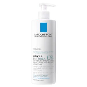 Ένα μπουκάλι 400 ml La Roche Posay Lipikar Lait Urea 10% ενυδατική λοσιόν για ξηρό, τραχύ δέρμα, με βολικό διανομέα αντλίας.