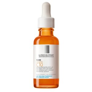 Ένα σταγονόμετρο 30 ml La Roche-Posay Pure Vitamin C10 Anti-Wrinkle Anti-Oxidant Serum με πορτοκαλί υγρό και λευκή ετικέτα.