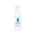 Μια κρέμα ματιών La Roche-Posay Toleriane Dermallergo Eyes 20 ml σε λευκό μπουκάλι αντλίας με μπλε λογότυπο στο μπροστινό μέρος.