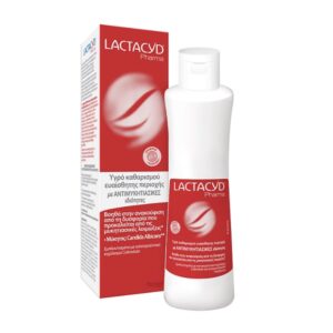 Lactacyd Antifungal Intimate Wash 250 ml σε λευκό μπουκάλι με κόκκινη ετικέτα, δίπλα στο αντίστοιχο κουτί με ελληνικό κείμενο.