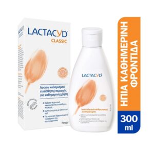 Η φιάλη και η συσκευασία της λοσιόν 300 ml Lactacyd Classic Intimate Washing Lotion έχουν πορτοκαλί κείμενο στα ελληνικά, που υποδηλώνει ήπια καθημερινή φροντίδα.