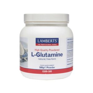 Ένα δοχείο σκόνης Lamberts L-Glutamine 500 g φέρει λευκή ετικέτα με μπλε και κόκκινο σήμα.