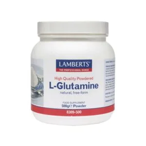 Ένα δοχείο σκόνης Lamberts L-Glutamine 500 g φέρει λευκή ετικέτα με μπλε και κόκκινο σήμα.