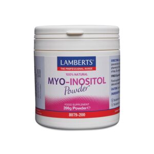 Ένα λευκό δοχείο Lamberts Myo-Inositol Powder 200 g για συμπλήρωμα διατροφής.