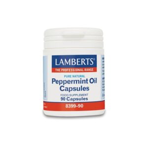 Ένα μπουκάλι Lamberts Peppermint Oil 100 mg 90 καπάκια, με ξεχωριστή ετικέτα σε μπλε, κόκκινο και λευκό.