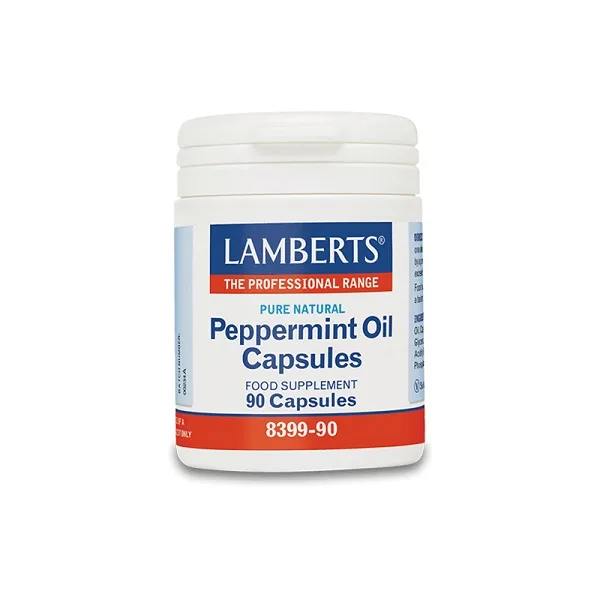 Ένα μπουκάλι Lamberts Peppermint Oil 100 mg 90 καπάκια, με ξεχωριστή ετικέτα σε μπλε, κόκκινο και λευκό.