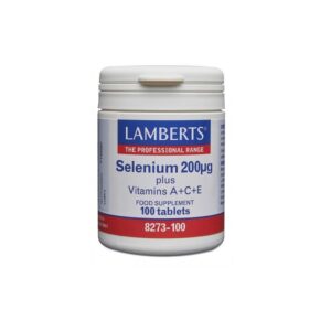 Ένα λευκό μπουκάλι με την ένδειξη "Lamberts Selenium A,C,E 100 tabs" περιέχει 100 δισκία.