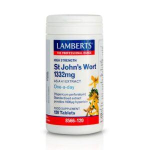 Σας παρουσιάζουμε το Lamberts St John's Wort 1332 mg, ένα συμπλήρωμα διατροφής υψηλής αντοχής που διατίθεται σε φιάλη που περιέχει 120 δισκία, κομψά σχεδιασμένο με μοτίβα κίτρινου λουλουδιού.