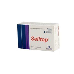 Ένα κουτί Libytec Selitop 200 mcg που περιέχει 40 δισκία διασπειρόμενα στο στόμα, με κομψή επωνυμία και κείμενο στα ελληνικά στην κομψή συσκευασία.