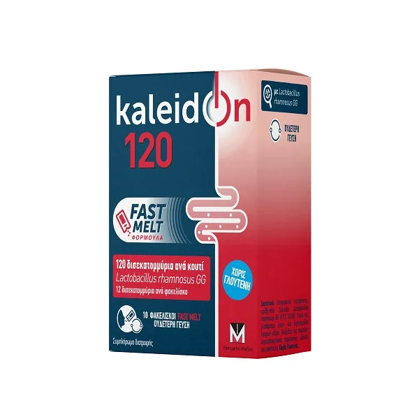 Κουτί Menarini Kaleidon 120 Fast Melt προβιοτικό, με Lactobacillus rhamnosus GG, χωρίς γλουτένη, 10 φακελάκια x 1 g το καθένα.