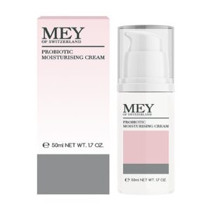 Ένα μπουκάλι 50 ml Mey Probiotic Cream 50 ml βρίσκεται δίπλα στη συσκευασία του, παρουσιάζοντας ένα κομψό ροζ και γκρι σχέδιο.