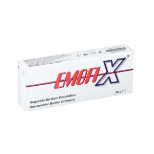 Κουτί PharmaQ EmofiX Hemostatic Barrier Ointment, 30g, με μάρκα EmofiX και ιταλικό και αγγλικό κείμενο στη συσκευασία.