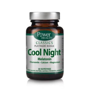 Ένα καφέ μπουκάλι με την ένδειξη "Power of Nature Platinum Range Cool Night Melatonin 30 caps" σε λευκό φόντο.