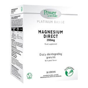 Box of Power of Nature Platinum Range Magnesium Direct 350mg, ένα συμπλήρωμα διατροφής με 30 στικ κόκκους με γεύση πορτοκάλι (2,5g το καθένα).