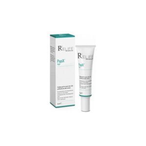 Ένα σωληνάριο 30 ml Relife PapiX High Purifying Gel τοποθετημένο δίπλα στο κουτί του, και τα δύο κυρίως λευκά με πράσινες πινελιές.