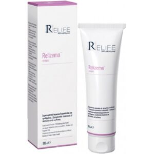 Σωληνάριο και κουτί Relife Relizema Cream 100 ml από την Relife τοποθετημένα δίπλα-δίπλα σε λευκό φόντο.