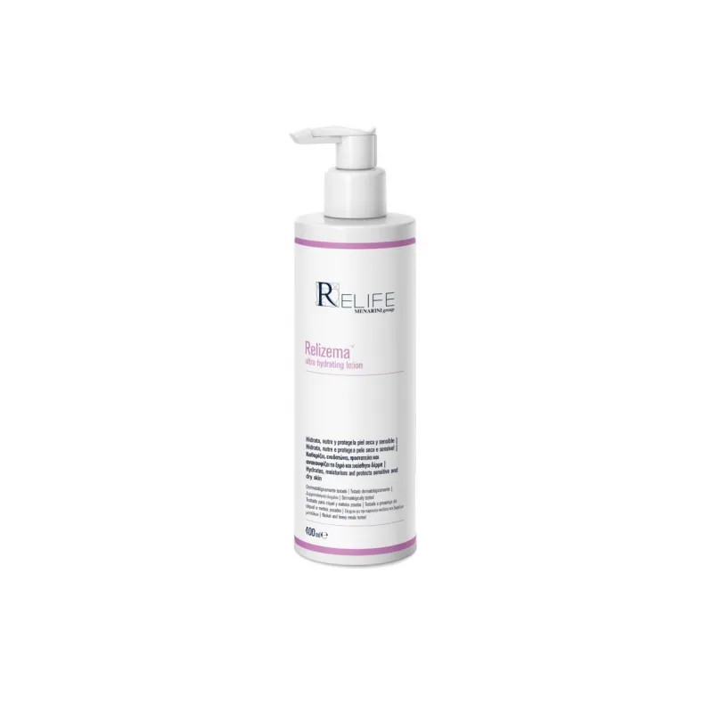 Ένα μπουκάλι 400 ml Relife Relizema Ultra Hydrating Lotion με διανομέα αντλίας, με λευκό σχέδιο με μωβ προφορά.