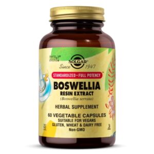 Ένα καφέ μπουκάλι Solgar Boswellia Resin Extract 60 veg. caps, ένα φυτικό συμπλήρωμα, με 60 κάψουλες λαχανικών, vegan και μη ΓΤΟ.