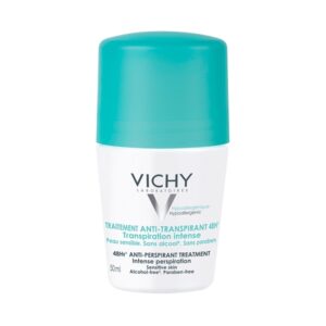 Ένα ρολό 50 ml Vichy Anti-Transpirante ρολό 48 ωρών, με γαλαζοπράσινο καπάκι και λευκό σώμα, με την ένδειξη «Υποαλλεργικό» και «Χωρίς οινόπνευμα, Χωρίς Paraben.