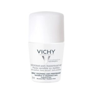 Το Vichy Deodorant Roll-On Anti-Perspirant Sensitive 48h 50 ml, είναι ένα λευκό αποσμητικό με την ένδειξη υποαλλεργικό και χωρίς αλκοόλ, parabens και άρωμα, καθιστώντας το ιδανικό για άτομα με ευαίσθητο δέρμα.