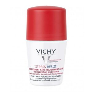 Vichy Deodorant Stress Resist 72h roll-on, 50 ml, σχεδιασμένο για υπερβολική εφίδρωση, χωρίς αλκοόλ και υποαλλεργικό.