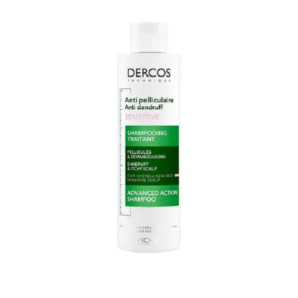Vichy Dercos Anti-Dandruff Shampoo Dry Hair 200 ml Ένα μπουκάλι 200 ml σαμπουάν κατά της πιτυρίδας Vichy Dercos για ξηρά μαλλιά, με πράσινο και ροζ κείμενο σε λευκό φόντο.
