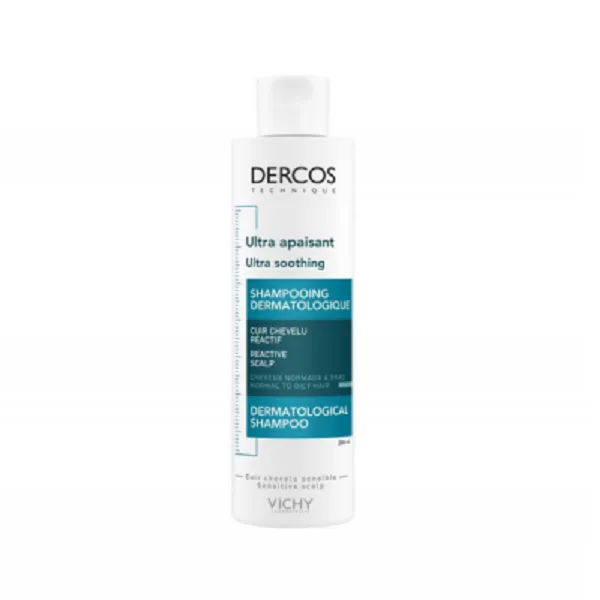 Ένα λευκό μπουκάλι Vichy Dercos Ultra Soothing 200 ml Δερματολογικό Σαμπουάν για αντιδραστικό τριχωτό της κεφαλής.