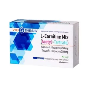 Ένα κουτί Viogenesis L-Carnitine Mix 60 κάψουλες, με πιστοποίηση GMP και κατασκευασμένο στη Γερμανία, περιέχει 60 κάψουλες των 350 mg η καθεμία, προσφέροντας μια πηγή L-Καρνιτίνης υψηλής ποιότητας.