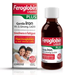 Φιάλη και συσκευασία Vitabiotics Feroglobin Liquid Plus Gentle Iron 200 ml, συμπλήρωμα σιδήρου για μείωση της κούρασης και υποστήριξη των ερυθρών αιμοσφαιρίων.