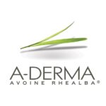 Λογότυπο A-Derma που αποτελείται από το έμβλημα Avoine Rhealba με δύο πράσινα φύλλα και μια γκρίζα σκιά σε λευκό φόντο.