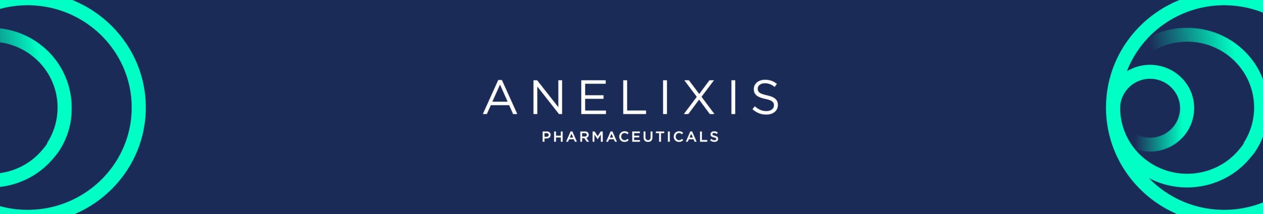 Ένα πανό για την Anelixis Pharmaceuticals με σκούρο μπλε φόντο με γαλαζοπράσινα κυκλικά σχέδια στα πλαϊνά.