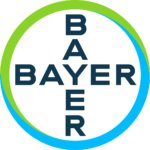 Λογότυπο Bayer με την επωνυμία της εταιρείας σε σκούρο μπλε, οργανωμένο τόσο κάθετα όσο και οριζόντια, που περικλείεται από ένα πράσινο και μπλε δαχτυλίδι.