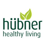 Λογότυπο με το κείμενο "hübner health living" με σχέδιο πράσινου φύλλου πάνω από αυτό, με τίτλο "Hubner Logo.