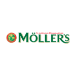 Το λογότυπο Moller με ελληνικό κείμενο που σημαίνει "Το αυθεντικό μουρουνέλαιο" και ένα έμβλημα με ένα πράσινο ψάρι.