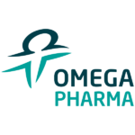 Λογότυπο της "Omega Pharma" με ένα στυλιζαρισμένο εικονίδιο προσώπου και το κείμενο "OMEGA PHARMA" σε γαλαζοπράσινα χρώματα.