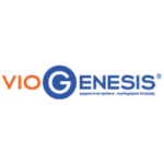 Το λογότυπο Viogenesis έχει το 'VIO' σε πορτοκαλί χρώμα και το 'GENESIS' σε μπλε, με εμφανές το 'G' μέσα σε έναν μπλε κύκλο.