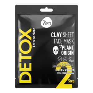 Ένα μαύρο και κίτρινο πακέτο 7DAYS Detox Let's Be Clear Βήμα 2 12 g Μάσκα προσώπου με φύλλο πηλού φυτικής προέλευσης, καολίνη και φύκια.