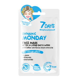 Ένα φακελάκι «7DAYS Dynamic Monday Sheet Mask 28 g» με εκχυλίσματα ιτιάς και κόκκου κακάο, που προάγει ένα φρέσκο αποτέλεσμα για την 1η ημέρα.