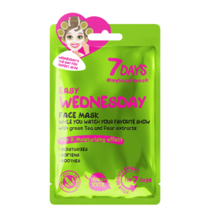 Ένα ζωντανό πράσινο πακέτο της "7DAYS Easy Wednesday Sheet Mask 28 g" περιλαμβάνει μια γυναίκα κινουμένων σχεδίων με κείμενο που τονίζει τα ενυδατικά της αποτελέσματα.