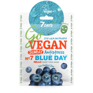 Πακέτο 7DAYS Go Vegan Blue Day Anti-Stress Face Sheet Mask Sunday 25 g, με γραφικά μούρων και 98% ισχυρισμό φυσικών συστατικών, ιδανική για μια χαλαρωτική κυριακάτικη περιποίηση.