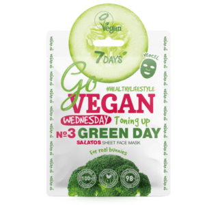 Πακέτο 7DAYS Go Vegan Green Day Toning Up Sheet Μάσκα Προσώπου Τετάρτης 25 g, διακοσμημένη με εικόνες αγγουριού και μπρόκολου, με την ένδειξη "Vegan" και "Halthy Lifestyle", ιδανική για μια αναζωογονητική ώθηση στα μέσα της εβδομάδας.