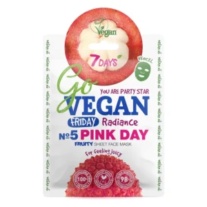 Η συσκευασία της μάσκας προσώπου 7DAYS Go Vegan Pink Day Radiance Sheet Friday 25 g διαθέτει μια ζωντανή εικόνα ντομάτας, κείμενο και εικονίδια που υποδεικνύουν ότι είναι vegan. Ιδανικό για τη ρουτίνα αυτο-φροντίδας της Παρασκευής!