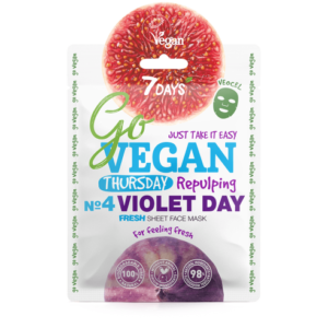 Συσκευασία της 7DAYS Go Vegan Violet Day Repulping Sheet Μάσκα Προσώπου Πέμπτης 25 g, σχεδιασμένη για φρέσκια και αναζωογονημένη εμφάνιση κάθε Πέμπτη.