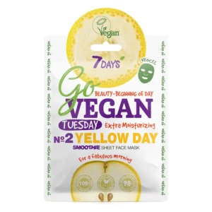 Ένα πακέτο με την ένδειξη "7DAYS Go Vegan Yellow Day Extra Moisturizing Sheet Face Mask Tuesday 25 g" περιέχει μια σεντόνια μάσκα προσώπου που παρέχει επιπλέον ενυδάτωση, ιδανική για τη ρουτίνα περιποίησης της επιδερμίδας σας την Τρίτη.