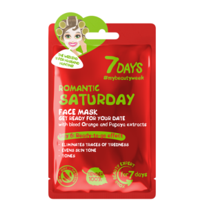 Κόκκινο πακέτο "7DAYS Romantic Saturday Sheet Mask 28 g", εμπλουτισμένο με εκχυλίσματα πορτοκαλιού και παπάγιας, προάγοντας τον ομοιόμορφο τόνο του δέρματος και τη μείωση της κούρασης.